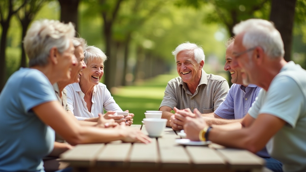 Diverse group of mature adults smiling together at outdoor park picnic table with coffee cups