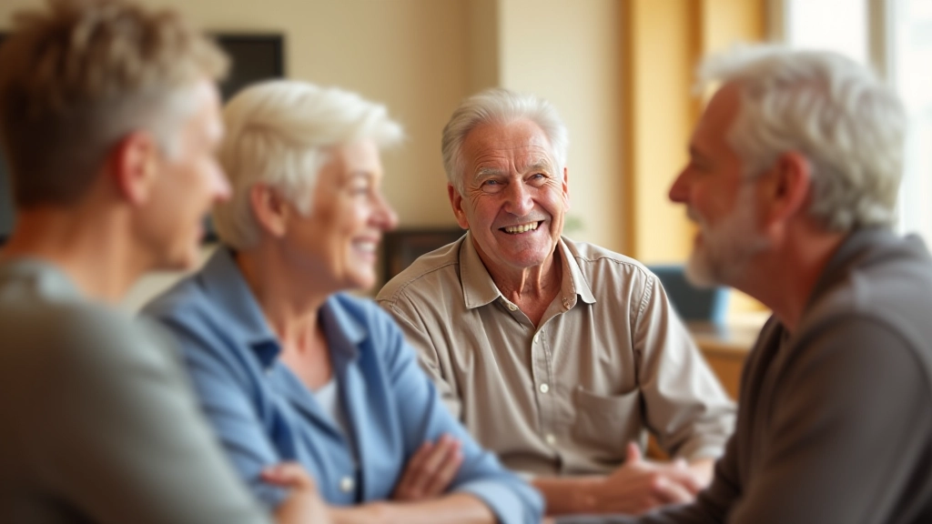 Group of older adults in casual clothing talking and gesturing at community center, warm natural lighting