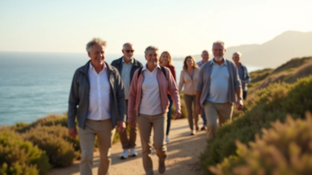 Group of older adults walking together on coastal path in Portugal with ocean in background and bright morning light