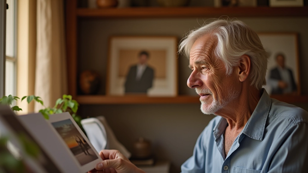 Mature man looking at family photos on wooden shelf, warm indoor lighting