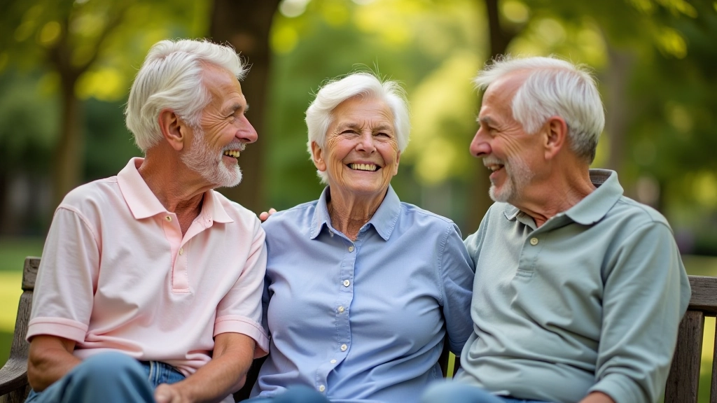 Three mature adults laughing together at outdoor bench in park setting