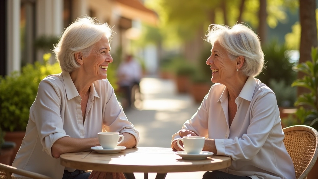 Two women aged 60 and 65 having coffee together outdoors at sidewalk cafe with warm afternoon light