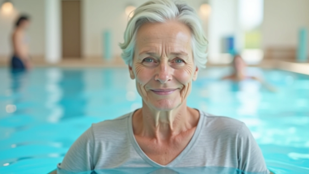 Woman in pool doing water aerobics exercise with instructor in background, bright indoor pool facility with natural light