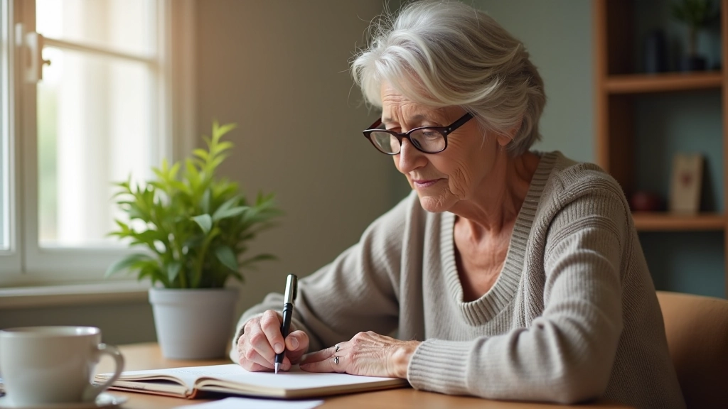 Woman writing in journal at desk with coffee cup, morning light through window
