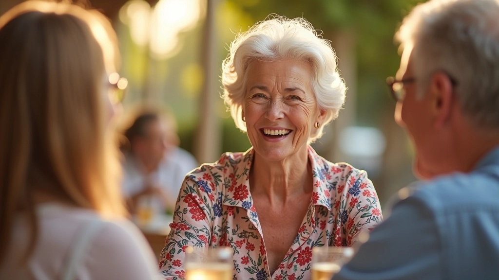 Woman aged 65 smiling at community gathering, warm natural lighting